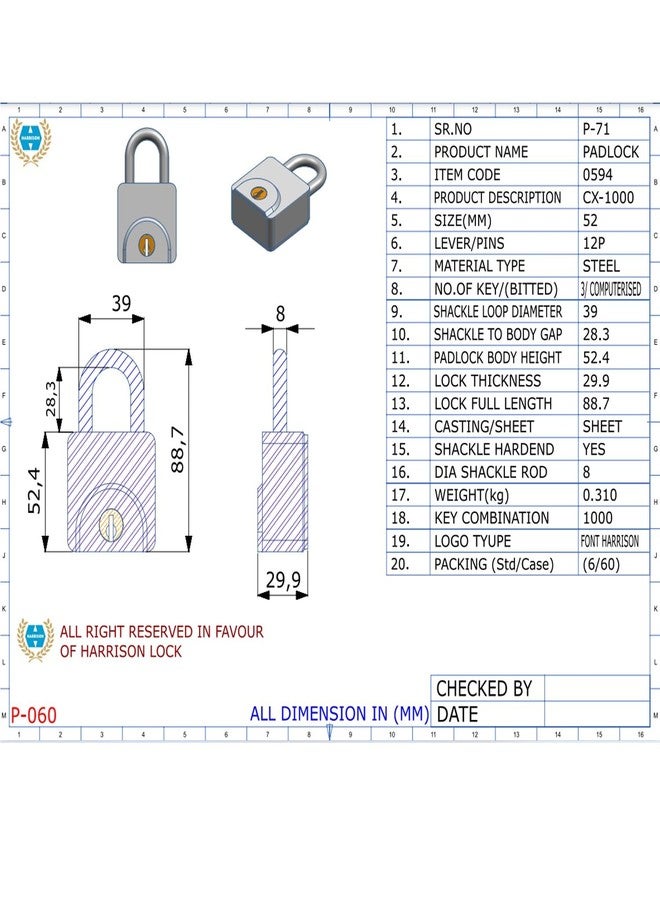 Harrison Padlocks/Square Padlock 52mm 12 Pin with 3 Computerised Keys CX-1000-0594 Pack of 1/ Mild Steel Material/Stainless Steel Finish/Padlocks, Locks, Locks for Main Door, Locks for Home - Image 3